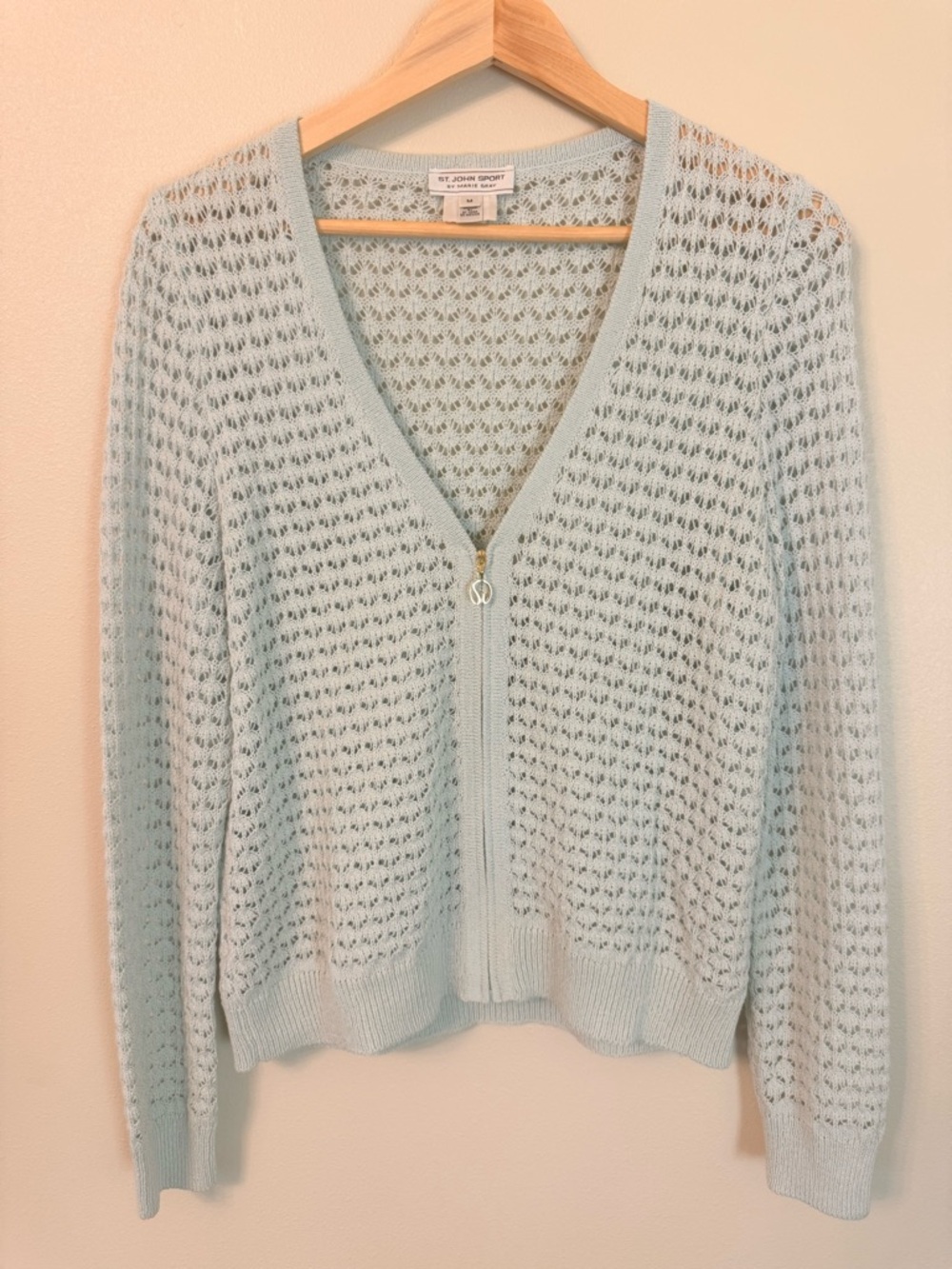 St John Sport Marie Gray Zip Cardigan M Aqua Pointelle Knit Sweater